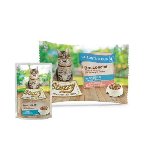 Hrană umedă pentru pisici Stuzzy Pack Bucăți de cod&somon in gelatină 4x85 g