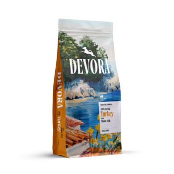 Hrana uscata pentru caini Devora Starter & Junior Grain Free Multi - Protein cu curcan si peste marin 7.5 kg