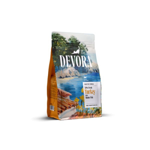 Hrana uscata pentru pisici Devora Sterilized Grain Free cu curcan si peste marin 400 gr