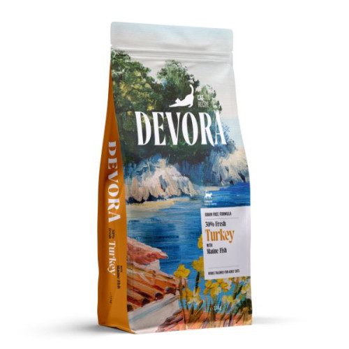 Hrană uscată pentru pisici Devora Sterilized Grain Free cu curcan și pește marin 7,5 kg