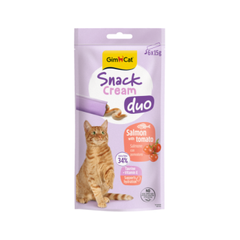 Recompensa cremoasa pentru pisici Gimcat Snack Duo Cream somon si rosii pachet 6x15 g Recompensa cremoasa pentru pisici Gimcat Snack Duo Cream somon si rosii pachet 6x15 g