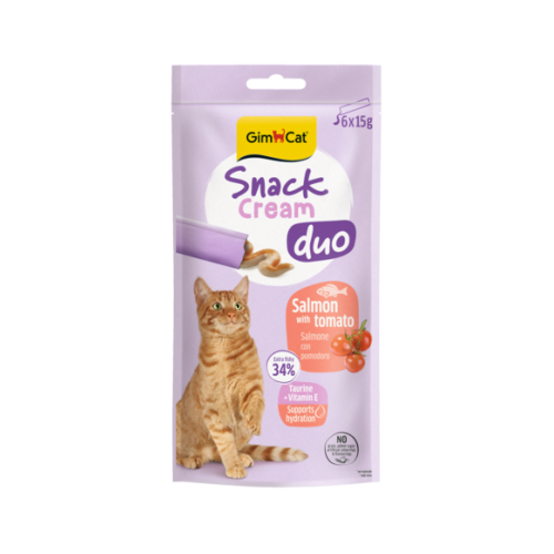 Recompensă cremoasă pentru pisici Gimcat Snack Duo Cream somon și rosii pachet 6x15 g