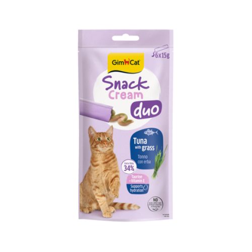 Recompensă cremoasă pentru pisici Gimcat Snack Duo Cream ton și iarbă pachet 6x15 g