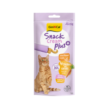 Recompensa cremoasa pentru pisici sterilizate Gimcat Snack Plus+ Cream cu pui si morcov pachet 6x15 g Recompensa cremoasa pentru pisici sterilizate Gimcat Snack Plus+ Cream cu pui si morcov pachet 6x15 g