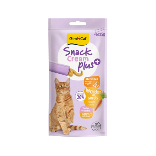 Recompensă cremoasă pentru pisici sterilizate Gimcat Snack Plus+ Cream cu pui și morcov pachet 6x15 g