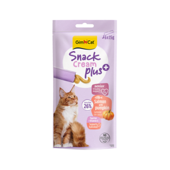 Recompensa cremoasa pentru pisici senioare Gimcat Snack Cream Plus+ cu somon si dovleac pachet 6x15 g Recompensa cremoasa pentru pisici senioare Gimcat Snack Cream Plus+ cu somon si dovleac pachet 6x15 g