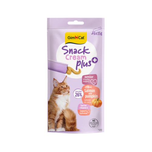 Recompensă cremoasă pentru pisici senioare Gimcat Snack Cream Plus+ cu somon și dovleac pachet 6x15 g