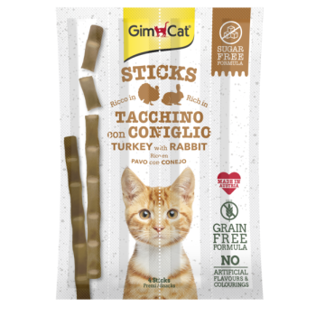 Recompense pentru pisici Gimcat Sticks cu curcan si iepure, set de 4 bucati, 20 gr Recompense pentru pisici Gimcat Sticks cu curcan si iepure, set de 4 bucati, 20 gr