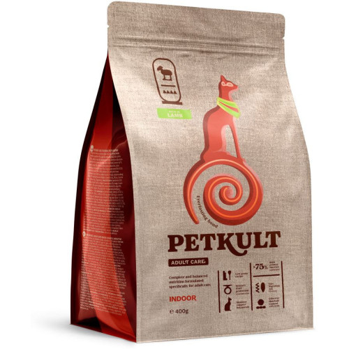 Hrană uscată Petkult Adult Care Indoor pentru pisici cu conținut ridicat de Miel 400 g