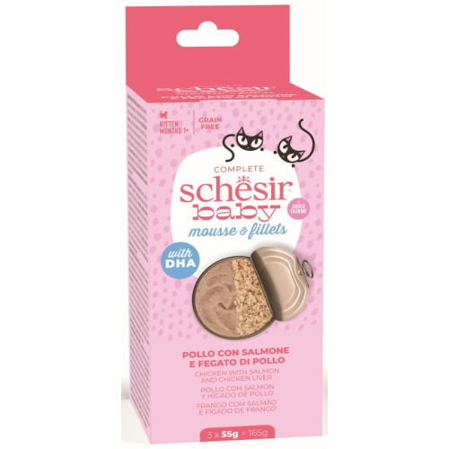 Hrană umedă pentru pisici Schesir Baby Pachet Conserve pentru pisicuțe, Mousse Pui/Somon 3x55 g