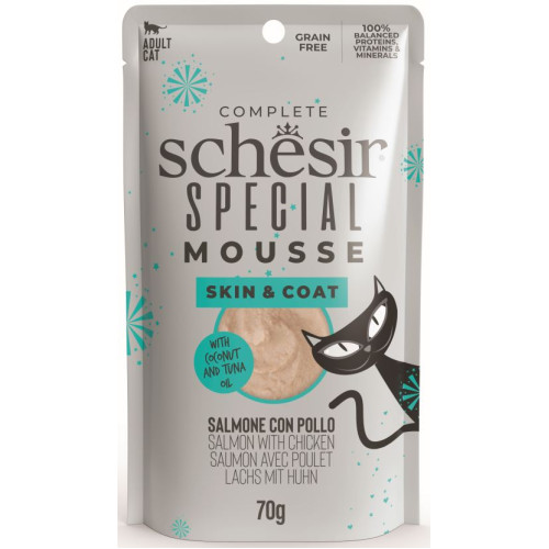 Hrană umedă pentru pisici Schesir Special Skin & Coat Plic, Mousse cu Somon și Pui 70 g