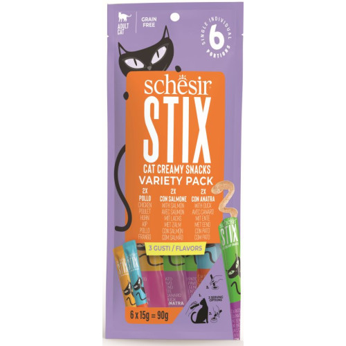 Recompense pentru pisici Schesir Stix cu Pui, Somon și Rață 6x15 g