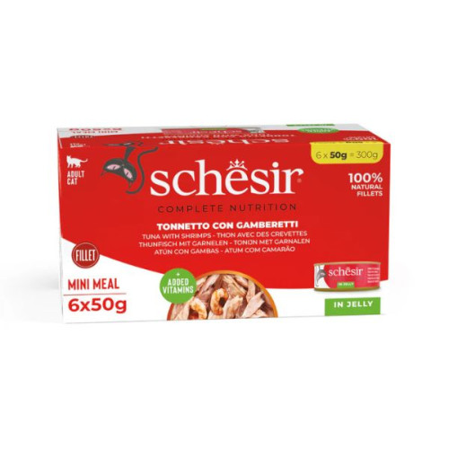 Hrană umedă pentru pisici Schesir conservă cu ton și creveți in jeleu 6x50 g