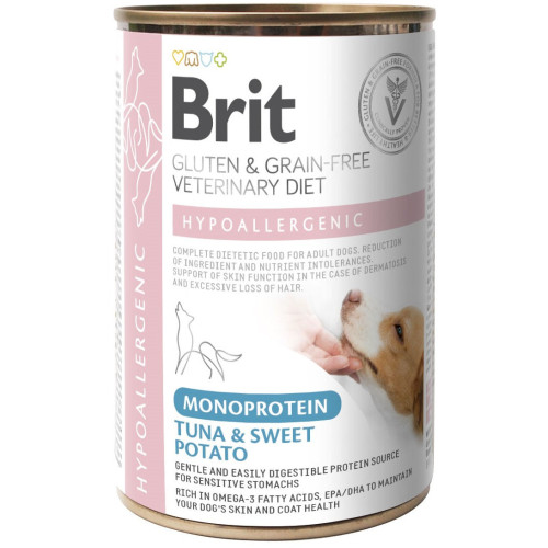Hrană umedă pentru câini Brit Grain Free Veterinary Diets Hypoallergenic, ton și cartofi dulci, 400 g