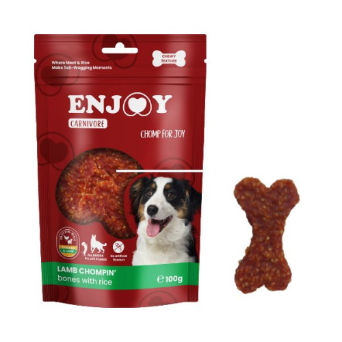 Recompense pentru câini Enjoy Carnivore Lamb Chompin Oase cu orez și miel 100 g