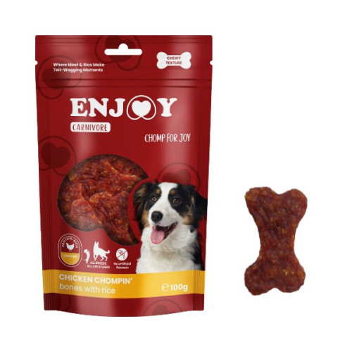 Recompense pentru câini Enjoy Carnivore Chicken Chompin Oase cu orez 100 g