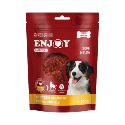 Recompense pentru câini Enjoy Carnivore Chicken Chompin Oase cu orez 300 g