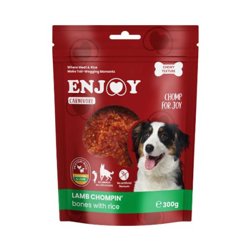 Recompense pentru câini Enjoy Carnivore Lamb Chompin Oase cu orez și miel 300 g