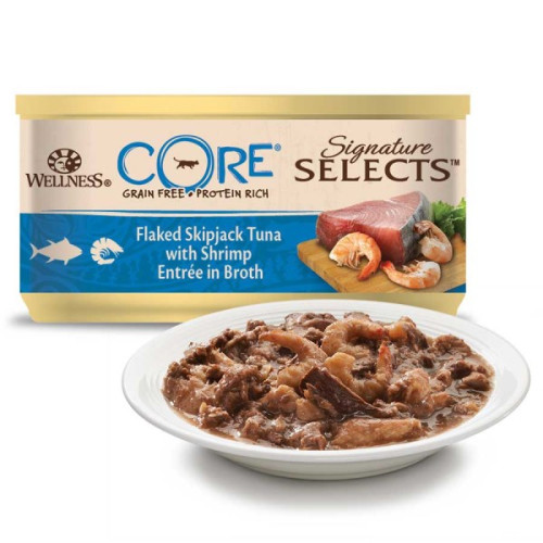 Hrană umedă pentru pisici Wellness Core Signature Select cu ton și creveți in supă 79 g