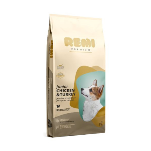 Hrană uscată pentru câini Remi Premium Junior Small Breed cu Pui și Curcan 8 kg