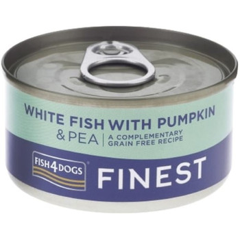 Hrana umeda pentru caini Fish4Dogs Finest Conserva Peste alb&Dovleac&Mazare 85 gr